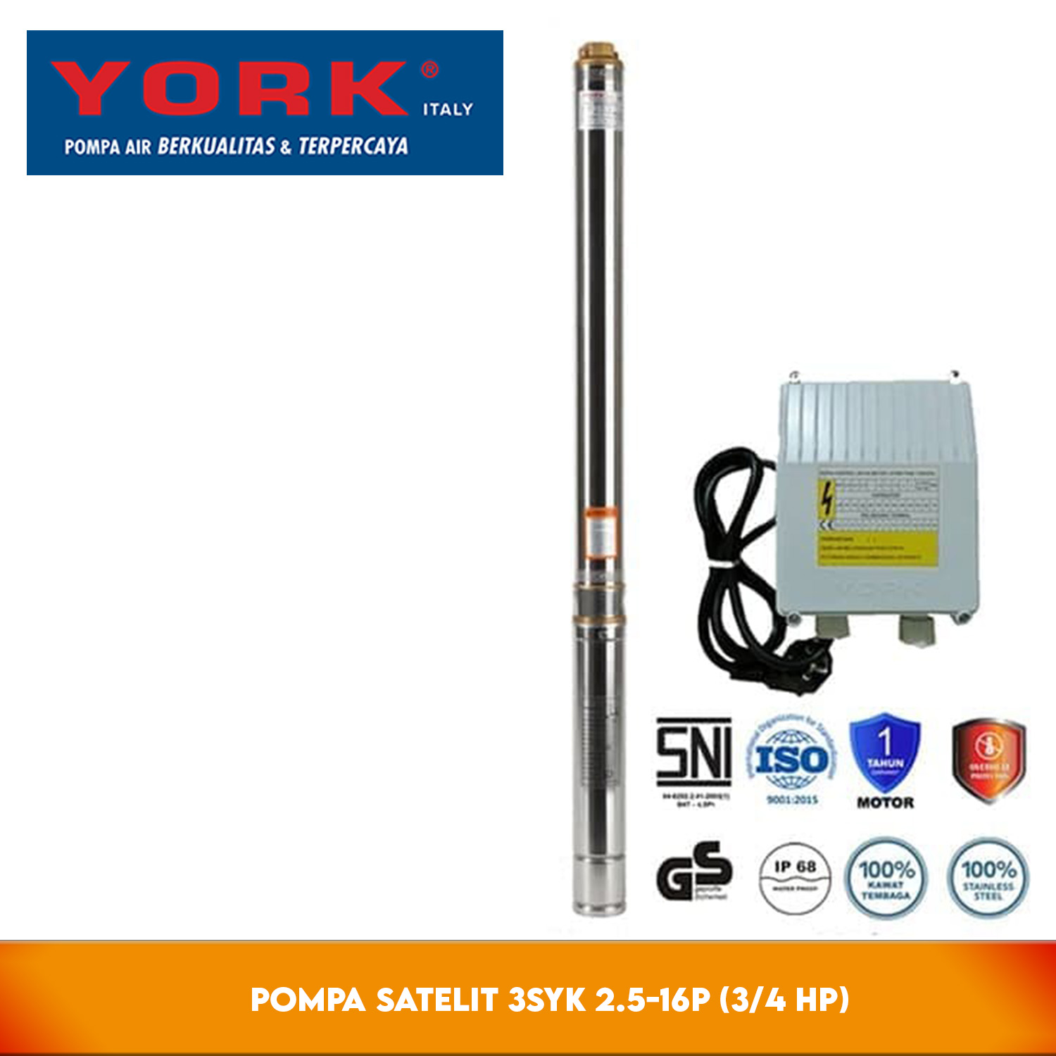 York 3SYK 2.5-16P (3/4 HP) + C.BOX + 50 M - Pompa Satelit 