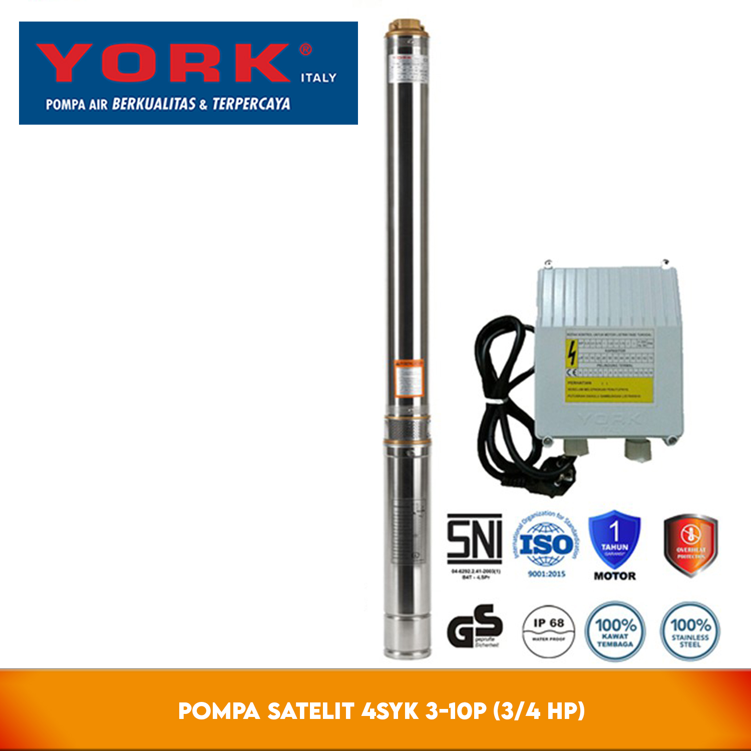 York 4SYK 3-10P (3/4 HP) + C.BOX + 50 M - Pompa Satelit 