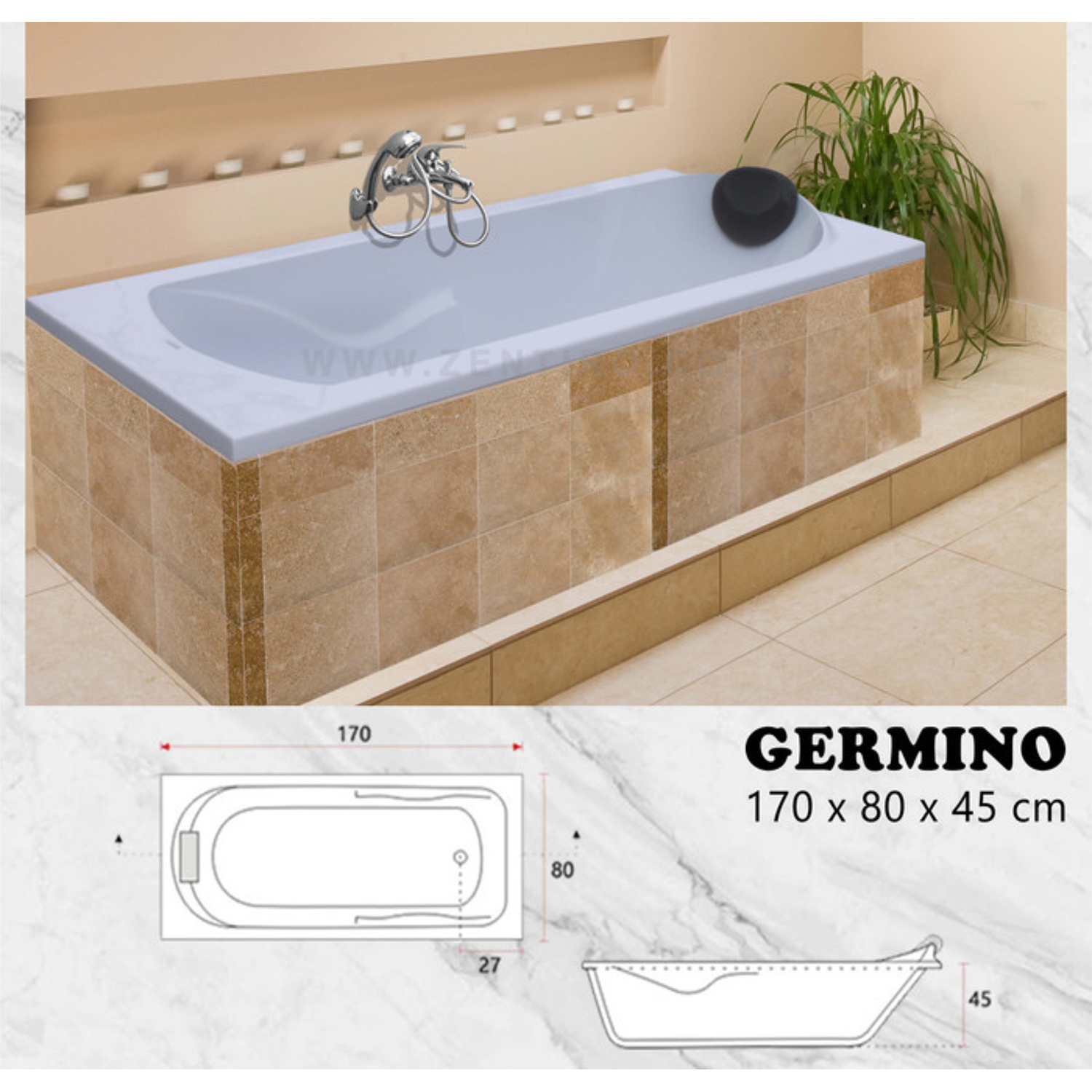 ZENTIRO Long Germino Bathtub Marble Complete Set