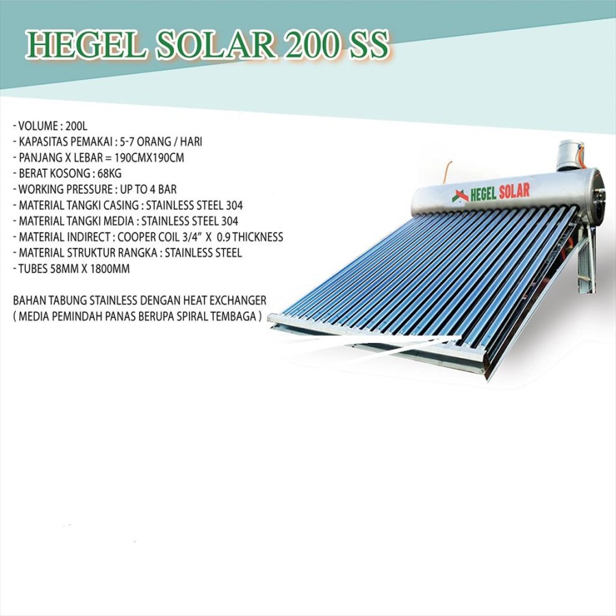 Hegel 200 (Full Stainless) Solar Water Heater -Pemanas Air Matahari