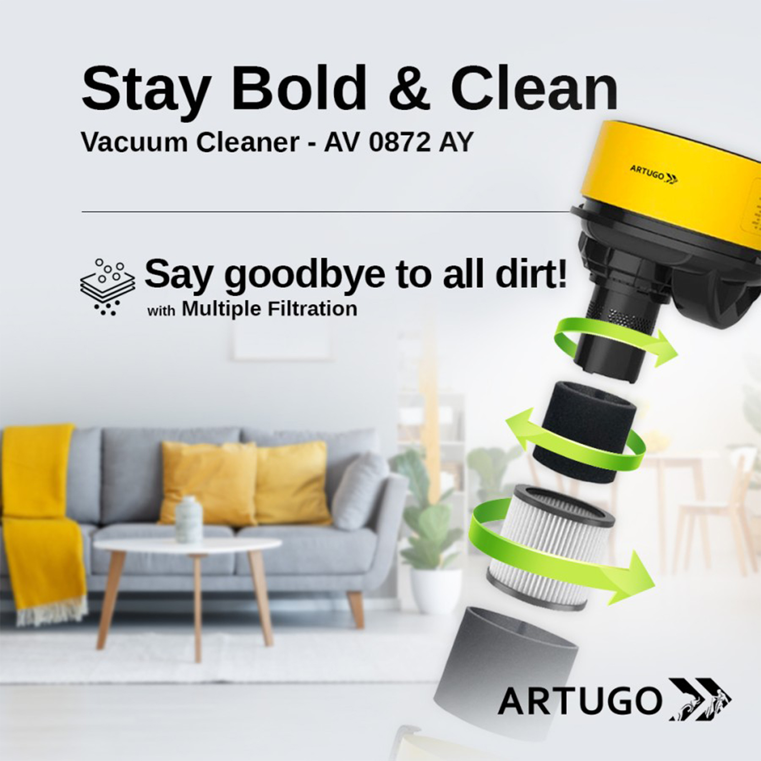 Artugo AV 0872 AY Vacuum Cleaner 8L Wet and Dry - Penyedot Debu